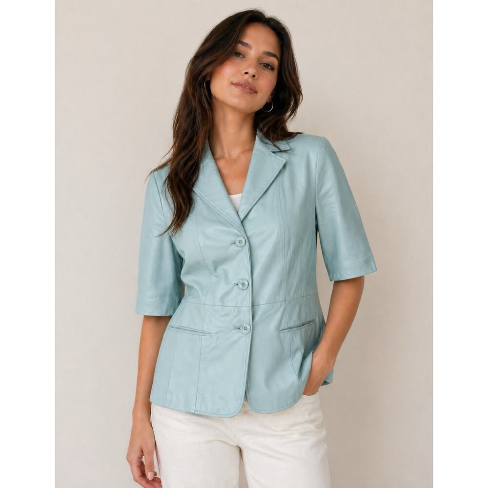 terry lewis classic luxuries leather Blazer jacket Light Blue Aqua SZ 1X XL